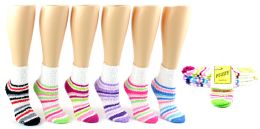 72 Wholesale Women's Fuzzy Ankle Socks - Striped Print - Size 9-11