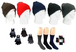 180 Wholesale Adult Knit Cuffed Hat, Men's Knit Gloves, & Men's Wool Blend Socks Combo