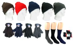 180 Wholesale Adult Knit Cuffed Hat, Men's Fleece Gloves, & Men's Wool Blend Socks Combo