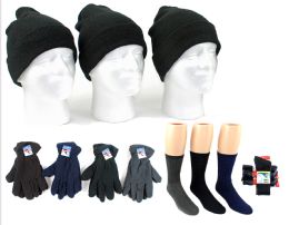 180 Wholesale Adult Cuffed Knit Hats, Men's Fleece Gloves, & Men's Wool Blend Socks Combo