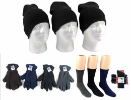 180 Bulk Adult Beanie Knit Hats, Men's Fleece Gloves, & Men's Wool Blend Socks Combo