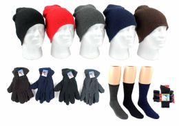 180 Wholesale Adult Beanie Knit Hats, Men's Fleece Gloves, & Men's Wool Blend Socks Combo
