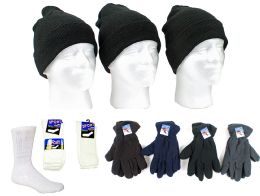 180 Wholesale Adult Cuffed Knit Hats, Men's Fleece Gloves, And Crew Socks Combo