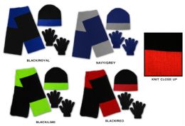24 Pairs Men's/boy's Hat, Glove, & Scarf Sets - Colorblock Designs - Winter Sets Scarves , Hats & Gloves