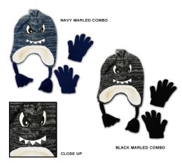 48 Wholesale Toddler Boy's Sherpa Lined Earflap Hat & Magic Glove Sets - Monster Designs