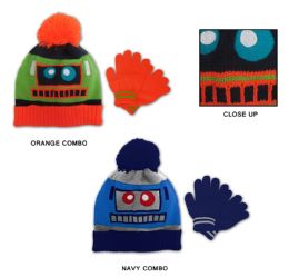 48 Wholesale Toddler Boy's Pom Pom Hat & Magic Glove Sets - Robot Designs