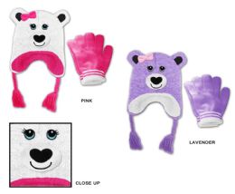 48 Wholesale Toddler Girl's Sherpa Lined Earflap Hat & Magic Glove Sets - Bear Designs