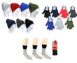 180 Wholesale Adult Knit Cuffed Hat, Adult Magic Gloves, & Mens Thermal Socks