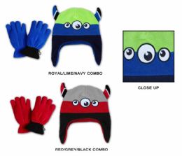 48 Pairs Toddler Fleece Lined Earflap Hat & Magic Glove Sets - Monster Designs - Winter Sets Scarves , Hats & Gloves