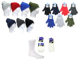 180 Bulk Adult Knit Cuffed Hat, Adult Magic Gloves, & Mens White Crew Socks