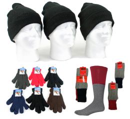 180 Pieces Adult Cuffed Knit Hats, Adult Magic Gloves, And Thermal Socks Combo - Winter Sets Scarves , Hats & Gloves
