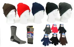 180 Wholesale Adult Knit Cuffed Hat, Adult Magic Gloves, & Mens Merino Wool Blend Socks Combo