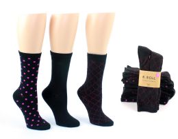 8 Wholesale Women's Designer Crew Socks By K. Bell - Dotted, Diamond Knit, & Solid Prints - 3-Pair Packs