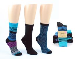 8 Wholesale Women's Designer Crew Socks By K. Bell - Striped & Solid Prints - 3-Pair Packs
