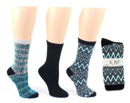 8 Wholesale Women's Designer Crew Socks By K. Bell - Snakeskin, Chevron, & Solid Designs - 3-Pair Packs