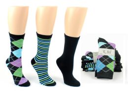 8 Wholesale Women's Designer Crew Socks By K. Bell - Argyle, Striped, & Solid Designs - 3-Pair Packs