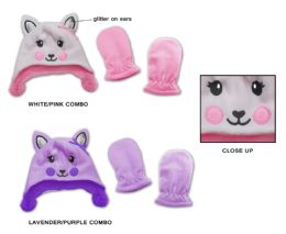 48 Wholesale Baby Girl's Fleece Lined Earflap Hat & Mitten Sets - Cat Designs