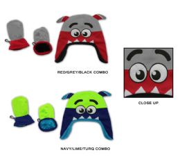 48 Wholesale Baby Boy's Fleece Lined Earflap Hat & Mitten Sets - Monster Designs