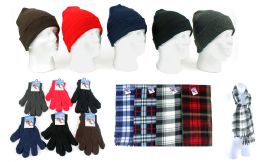 180 Wholesale Cuffed Winter Hats, Magic Gloves, And Checkered Scarves Combo Packs
