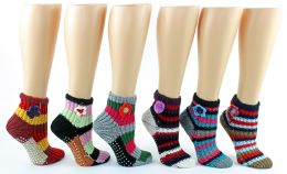 12 Wholesale Women's Deluxe Crochet Slipper Socks W/ NoN-Skid Grips