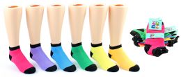 24 Wholesale Girl's Low Cut Novelty Socks - Neon W/ Black Heel & Toe - Size 6-8