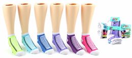 24 Wholesale Girl's Low Cut Novelty Socks - Sneaker Print - Size 6-8