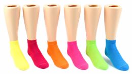 24 Wholesale Kid's Novelty Ankle Socks - Solid Neon Colors - Size 6-8