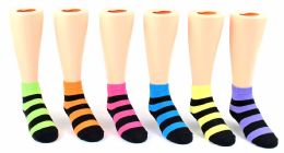 24 Wholesale Kid's Novelty Ankle Socks - Neon & Black Stripes - Size 6-8