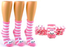 24 Wholesale Women's Fuzzy Crew Socks With 3-D Bunny - Size 9-11