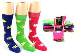 24 Wholesale Men's Casual Crew Dress Socks - Marijuana Leaf Print - Size 10-13