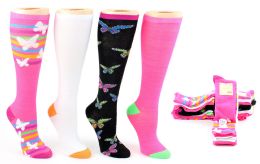 6 Wholesale Women's Knee High Novelty Socks - Assorted Neon Prints - Size 9-11 - 4-Pair Packs