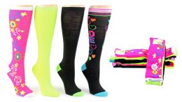 6 Wholesale Women's Knee High Novelty Socks - Assorted Neon Prints - Size 9-11 - 4-Pair Packs