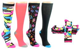 6 Pairs Women's Knee High Novelty Socks - Assorted Neon Prints - Size 9-11 - 4-Pair Packs - Womens Knee Highs