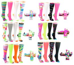 24 Wholesale Women's Knee High Novelty Socks - Assorted Neon Prints - Size 9-11 - 4-Pair Packs