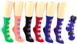 24 Wholesale Women's Novelty Crew Socks - Marijuana Leaf Print - Size 9-11