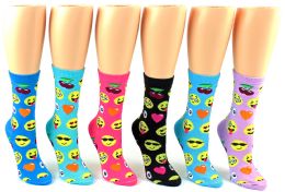 24 Wholesale Women's Novelty Crew Socks - Emoji Prints - Size 9-11