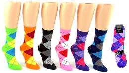 24 Wholesale Women's Novelty Crew Socks - Argyle Print - Size 9-11