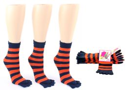 24 Wholesale Women's Toe Socks - Blue & Orange Striped Print - Size 9-11
