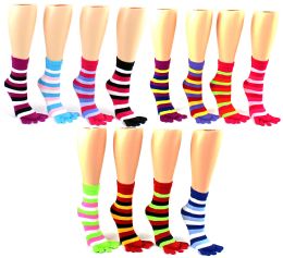 24 Bulk Women's Toe Socks - Striped Print - Size 9-11