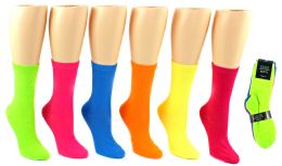 24 Wholesale Women's Novelty Crew Socks - Solid Neon Colors - Size 9-11