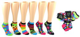 24 Wholesale Women's Low Cut Novelty Socks - Assorted Neon Prints - Size 9-11