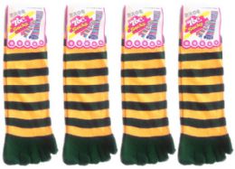 24 Wholesale Women's Toe Socks - Green & Gold Striped Print - Size 9-11
