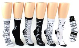 24 Wholesale Women's Novelty Crew Socks - Music Prints - Size 9-11