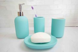12 Pieces Home Basic 4 Piece Rubberized Ceramic Bath Accessory Set, Blue - Bathroom Accessories