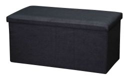 4 of Home Basics Faux Linen Storage Ottoman Bench, Black