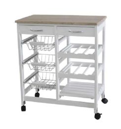 Home Basics Oak Top Rolling Kitchen Trolley With Two Drawers And Three Baskets, White