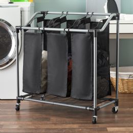 4 Pieces Sunbeam Mesh Triple Sorter With Wheels, Black - Laundry Baskets & Hampers