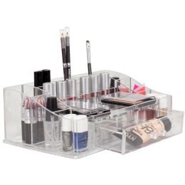 12 Pieces Home Basics Deluxe Large ShatteR-Resistant Plastic MulT-Compartment Cosmetic Organizer With Easy Open Drawer, Clear - Bathroom Accessories