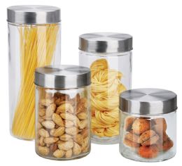 6 Wholesale Home Basics 4 Piece Glass Canister Set with Stainless Steel Lids