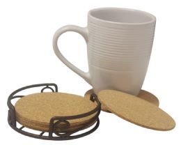12 Wholesale Home Basics Natural Cork 6 Piece Coaster Set With Scroll Collection Steel Holder